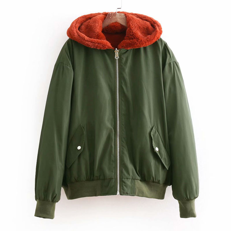 Long sleeve black winter women's double-sided wearing bomber jacket wild loose faux fur hooded women's jacket 210507