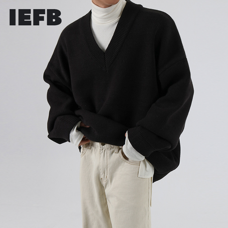 IEFB /men's wear autumn winter V-neck sweater fashionable loose style knitted tops thickened loose vintage clothes male 9Y3277 210524