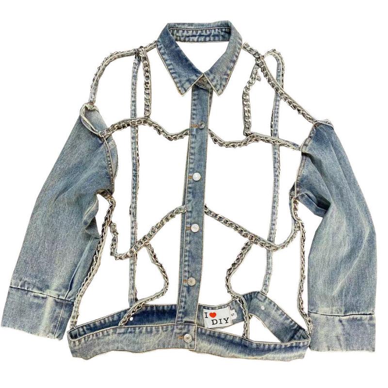 Women's Jackets FABPOP Long Sleeve Chain Hollow Out Turn Down Collar Light Blue Denim Jacket Women Coat Streetwear Gb447