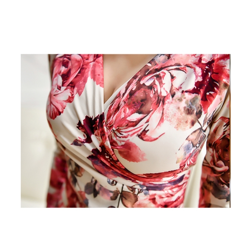 Sexy Print Flower Floral Long Sleeve Spring Dress Women Pencil Ruched Sheath Bodycon Fitted Vestidos 210519