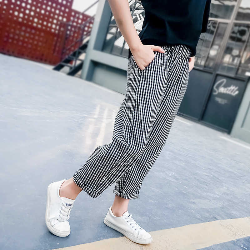Fashion Big Girls Plaid Pants Korean Cotton Elastic Waist Nine Pant Loose Trousers for Teenage School Girl Children Clothes 210622
