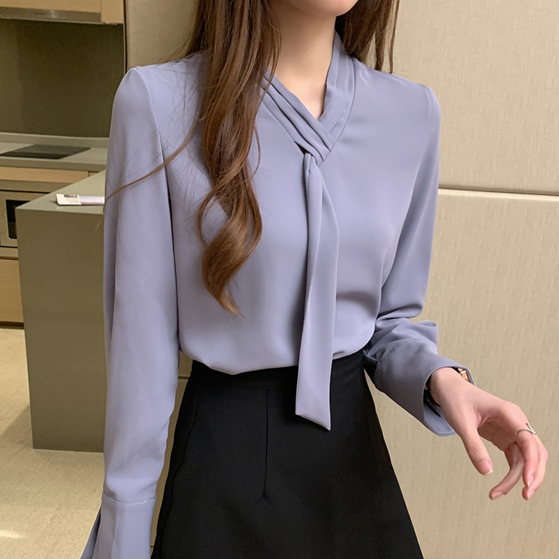 Loose Pullover Plus Size Tops Fashion Women Blouses Autumn Shirt Office Lady Shirts Solid Long Sleeve Chiffon 11050 210427