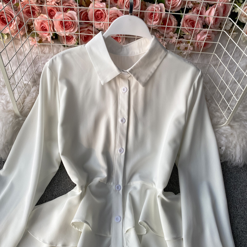 Nomikuma Irregular Ruffle Women Blouse Dress Long Sleeve Turn-down Collar Korean Elegant Vestidos Spring New Dresses 6G336 210427