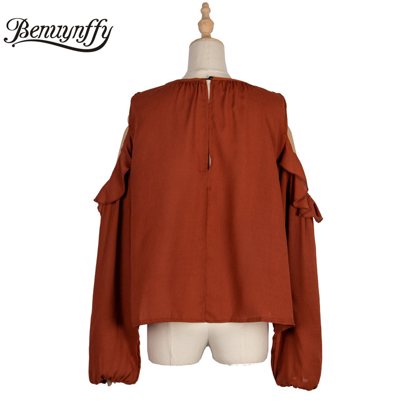 Ruffle Cold Shoulder Ladies Tops and Blouses Autumn Women Fashion O-Neck Long Sleeve Loose Solid Casual Blouse 210510