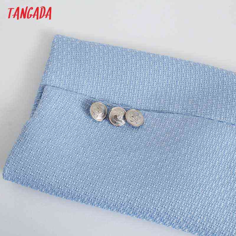 Tangada Women Fashion Blue Tweed Blazer Coat Vintage Long Sleeve Office Lady Outerwear Chic Tops QD83 211122