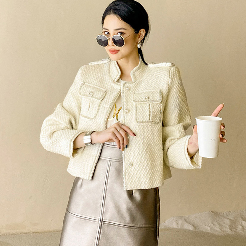 Autumn And Winter White Coat Women Short Ladies Runway Style Diamond Wool Tweed Woven Jacket 210520