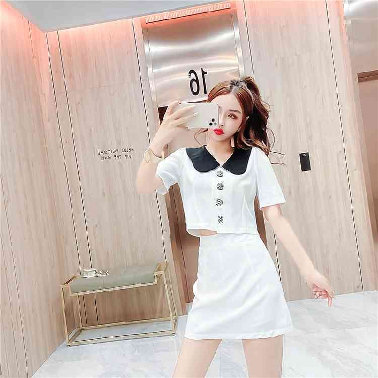 Summer Women Two Piece Set Fashion Hit Color Peter Pan Collar Short Sleeve Shirt Top + High Waist Mini Skirts Outfits 210519