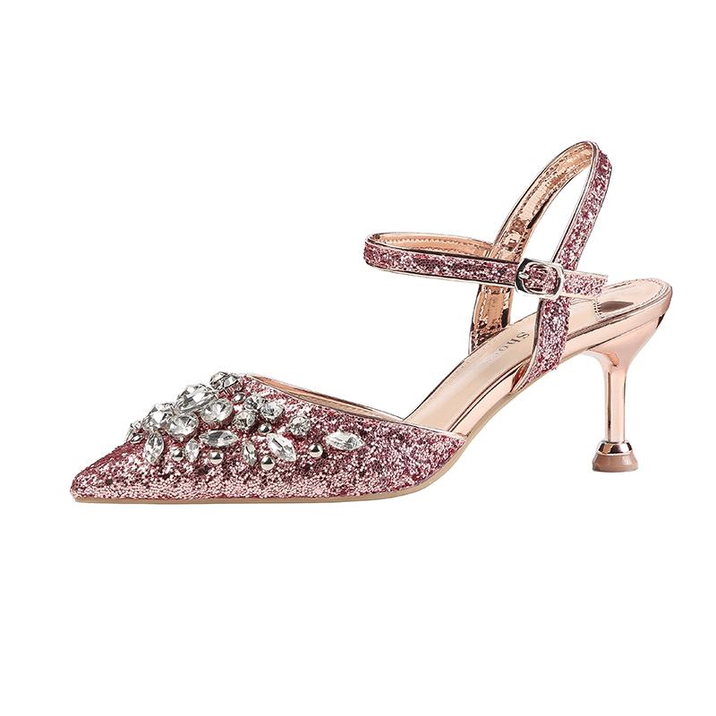 Luxury Women's Sandals Rhinestone High Heels Ladies Pumps Pointed-Toe Sparkling Gold Wedding Shoes Dress Bridal 6-Color Mid-Heel