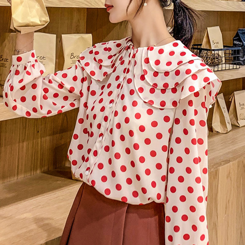 Autumn Fashion Women Tops Chiffon Blouses Long Sleeve Casual Polka Dot Clothing Sweet Ruffles Lady 5327 50 210508