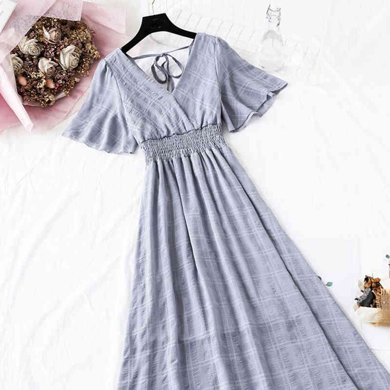 Women Chiffon Dress Summer Short Sleeve V-neck Plaid Mid-calf Dresses Elastic Waist Long Pleated Dress Party Dress 210521