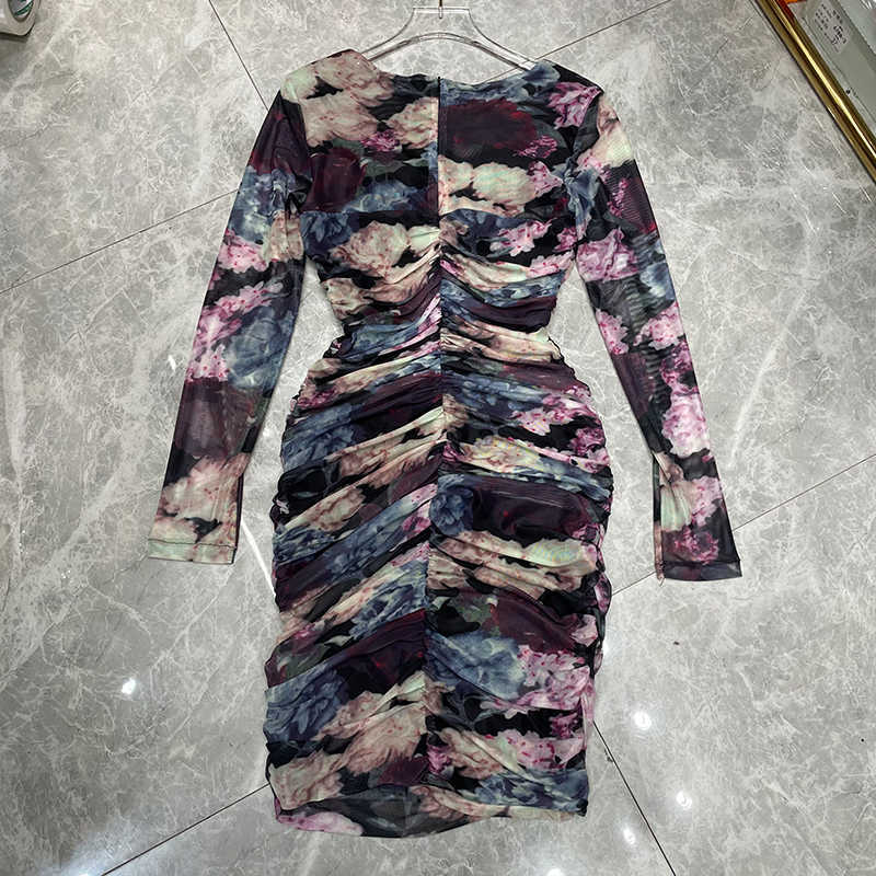 DEAT Spring Arrivals V-neck High Waist Long Sleeve Zipper Print Mesh Slim Buttocks Dress MZ496 210709