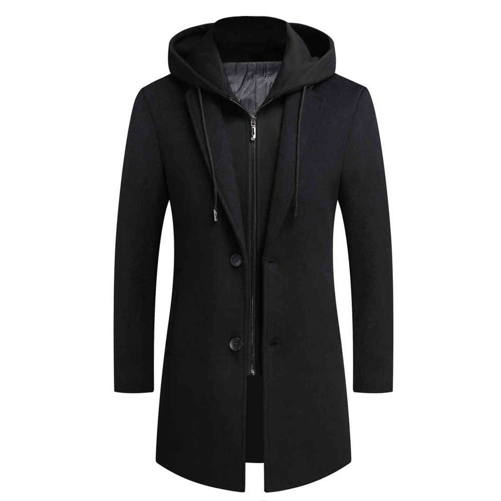 Men's Hooded Wool Blends Business Coats Winter Thicken Warm Windproof Men Woolen Coat Slim Long Casual Mens Clothing 211122