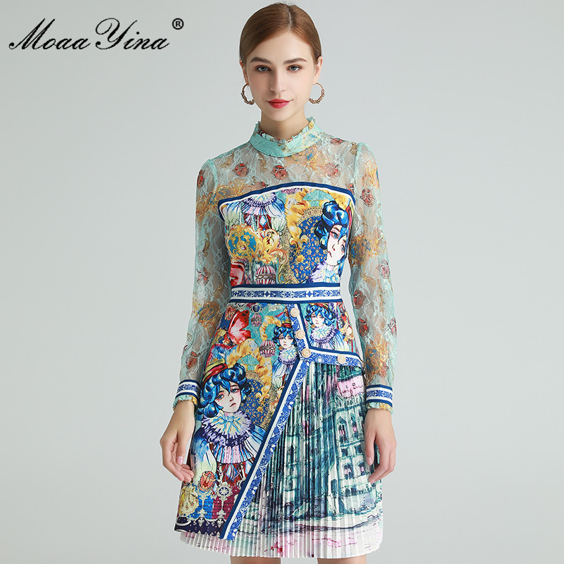 Fashion Designer dress Spring Women's Dress Mesh Long sleeve Lolita Style Anime Print Pleated Dresses 210524