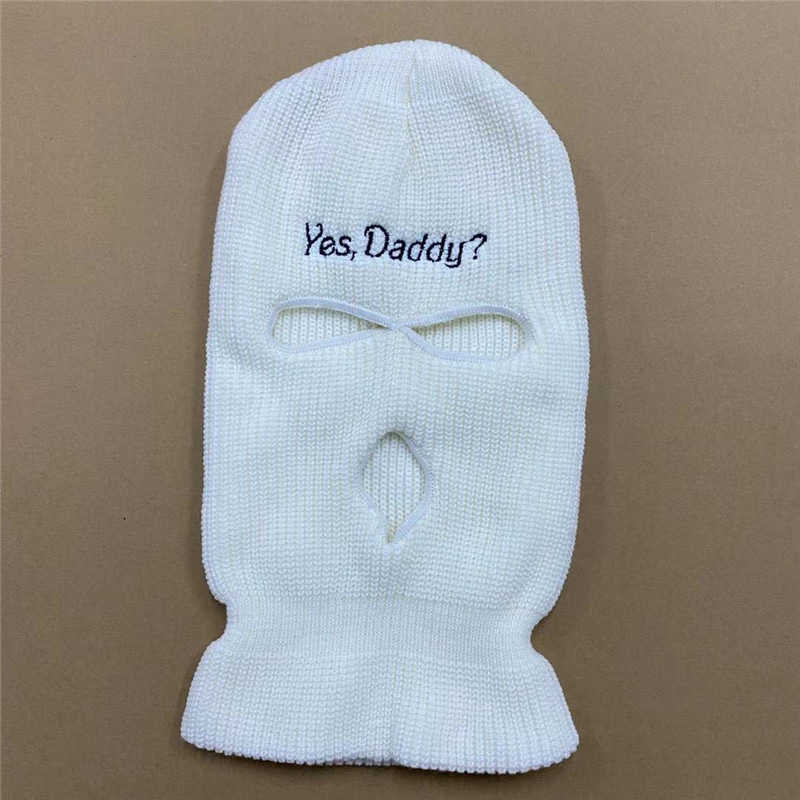 Balaclava Full Face Mask Embroidery Winter Hat for Woman Ski Mask Yes Daddy Warm Knit Full Caps Outdoor Sports Beanies 211012