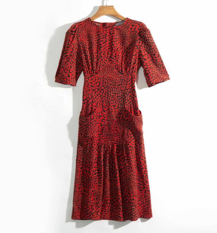 Vitage Leopard Print Women Dress French Style Ladies Short Puff Sleeve Ruched Slim Waist A-line Midi Long Tea 210429