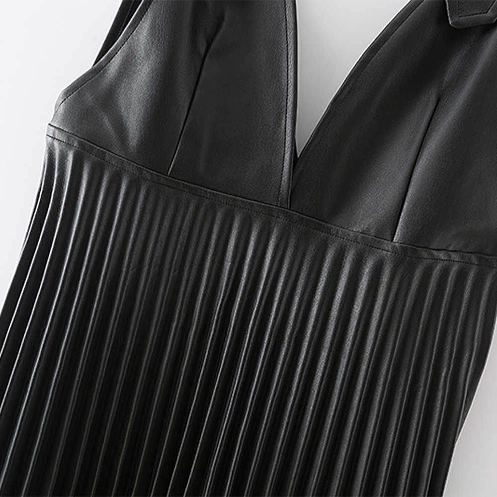 Women Dress PU Pleated V-neck Straps Short Punk Fashion Chic Woman Dress Femme Robe Ropa Mujer Vestidos 210709