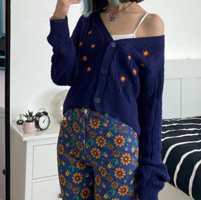 Streetwear Orange Daisy Embroidery Knitted Cardigan Vintage Navy blue Twist Sweater Punk pull Korea Clothes Women Knit kardigan 210429