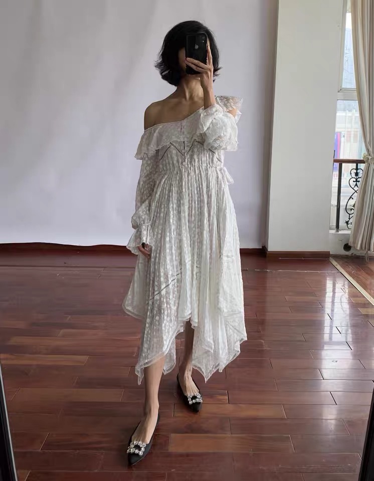 Spring Women White Long Sleeve One Shoulder Lace Ruffles Embroidery Dress Elegant Asymmetrical Runway Dresses Vestidos 210421