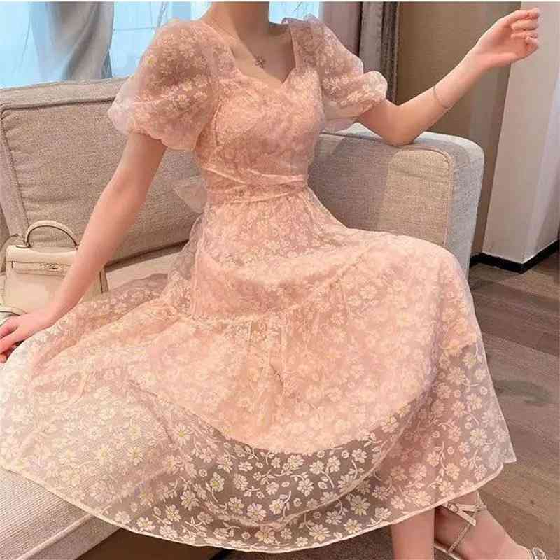 Elegant Vintate Floral Dress Women Short Sleeve Midi Dress Female Party Beach Dress Korea Office Lady Sumemr Chic 210521