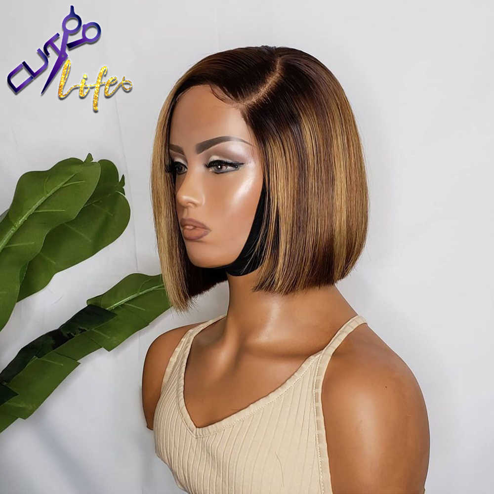 Highlight Color Short Cut Wavy Bob Pixie Wig 4x4 Lace Closure Wigs Peruvian Human Hair Wigs Straight Pre plucked Lace Front Wig S0826