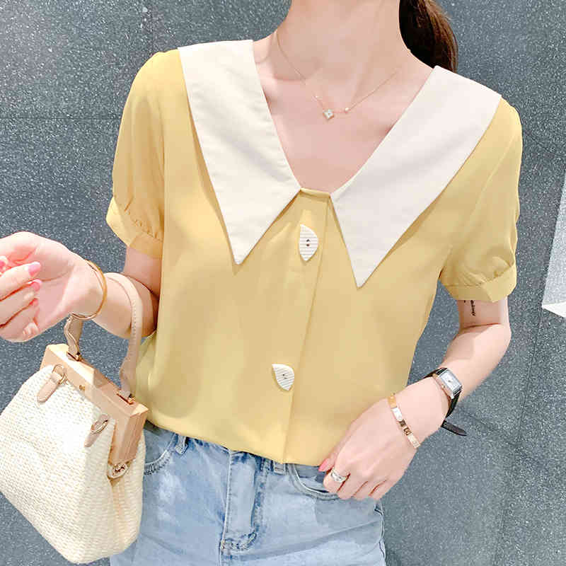 Casual Chiffon Blouses Korean Summer Women Tops Short Sleeve Shirts Solid Back Blow V-neck s Clothing bluasa 9094 210506