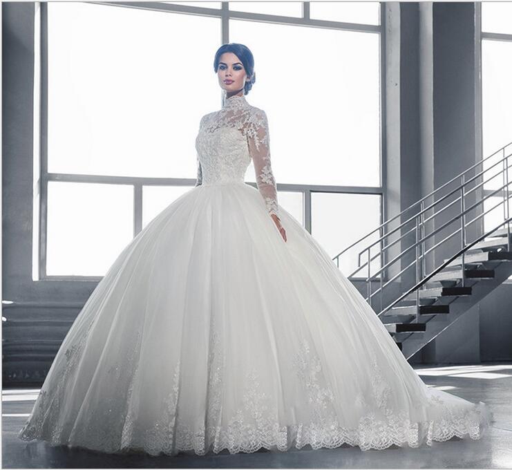 Sheer High Collar Lace Long Sleeves Ball Gown Wedding Dresses Formal A E Gowns Princess Illusion Appliques Bridal Country Vestidoe De Noiva 0227Lz
