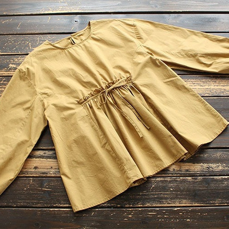 Nomikuma Women Blouses Korean Pleated Lace Up Sweet Pullover Tops Spring Causal Long Sleeve O-neck Solid Blusas Shirt 6F759 210427