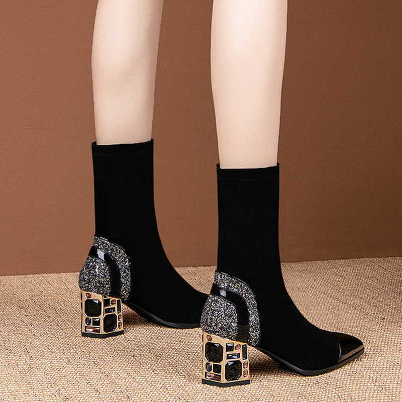 Slim Short Boots Woman Mid Calf Boot Elastic Fabric Square Heel Women's Winter Shoes Female Footware BLACK 210911