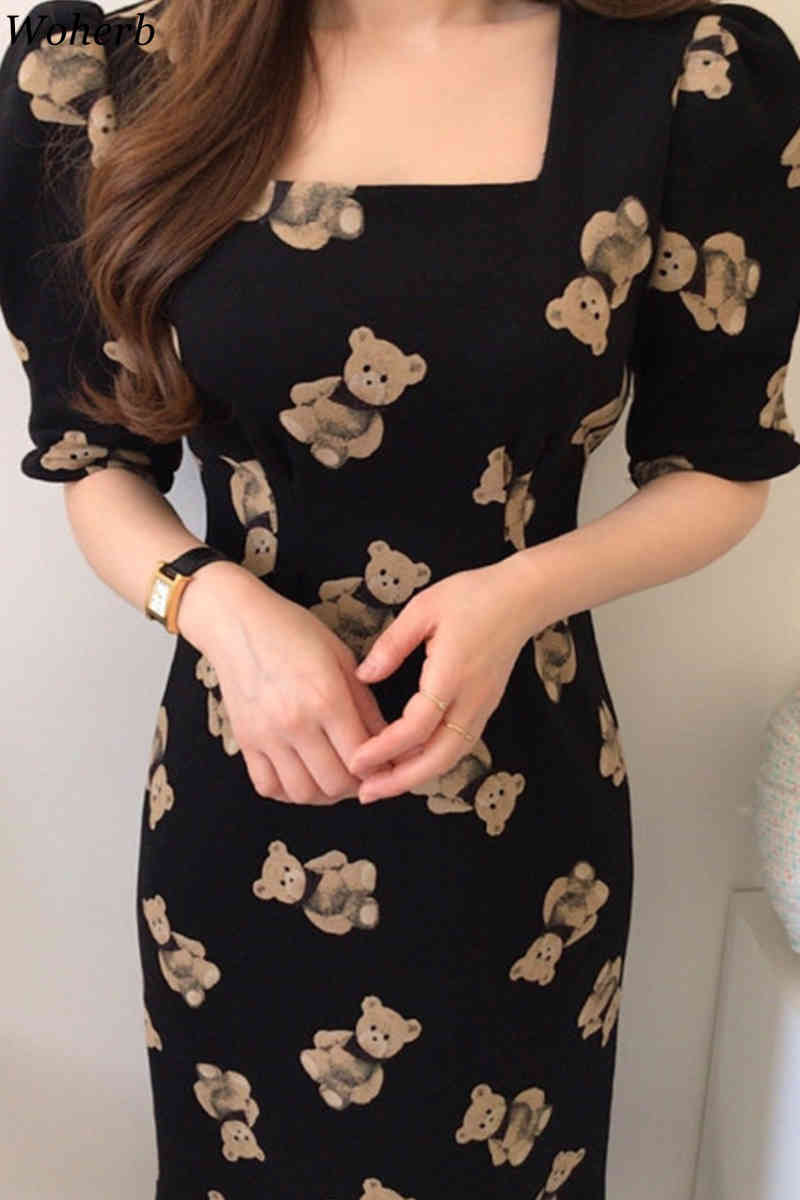 Chic Elegant Maxi Dress Woman Square Collar Print Cartoon Bear Vestidos Sweet Puff Sleeve Lace Up Slim Dresses Women 210519