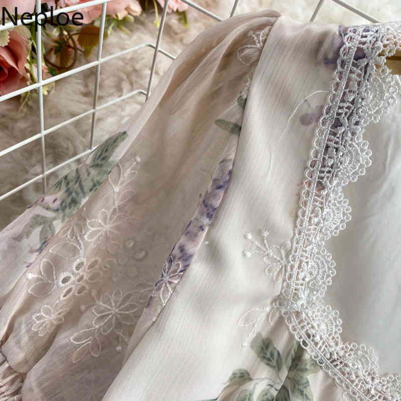 Neploe Spring Floral Dress Women Square Collar Embroidered Chiffon Maxi Dresses Elegant Sweet High Waist Short Sleeve Vestidos 210422