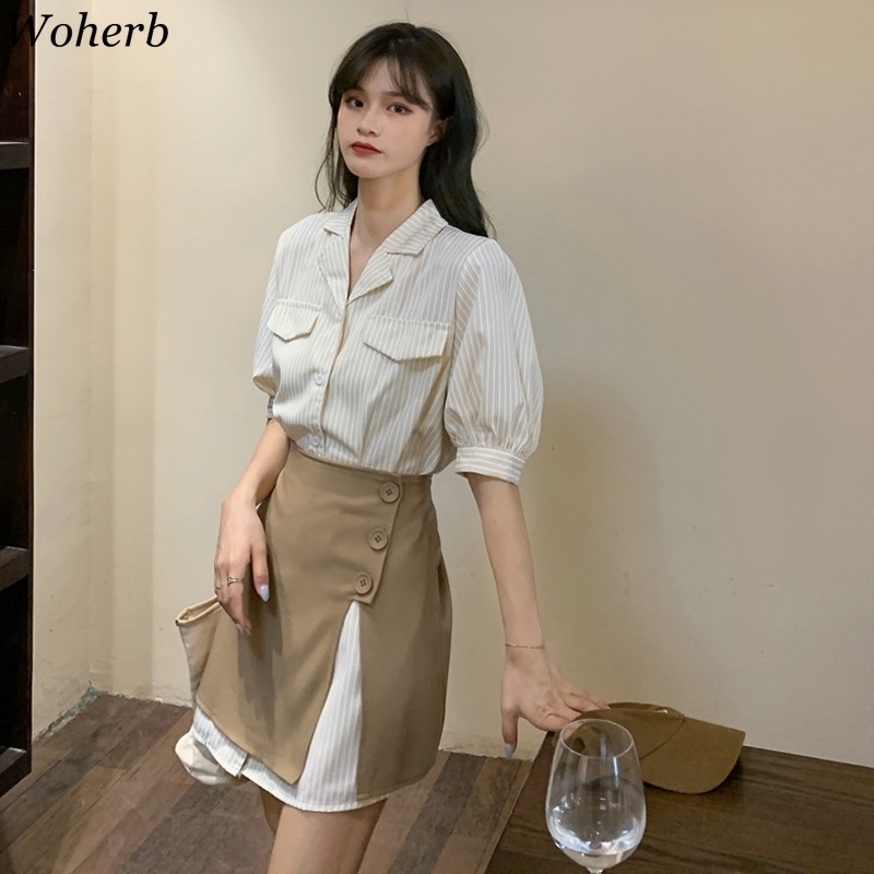 Women Tops Casual Striped Long Shirt Dress Split Mini Skirt Femme Roupas Two Piece Set Female Korean Chic Ropa Mujer 210519