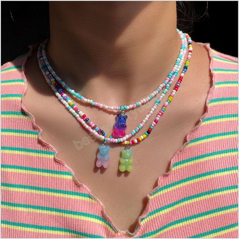 Bohemian Colorful Round Bead Necklace For Women Cute Gradient Rainbow Resin Bear Pendant Necklace Fashion Jewelry Girl Gifts