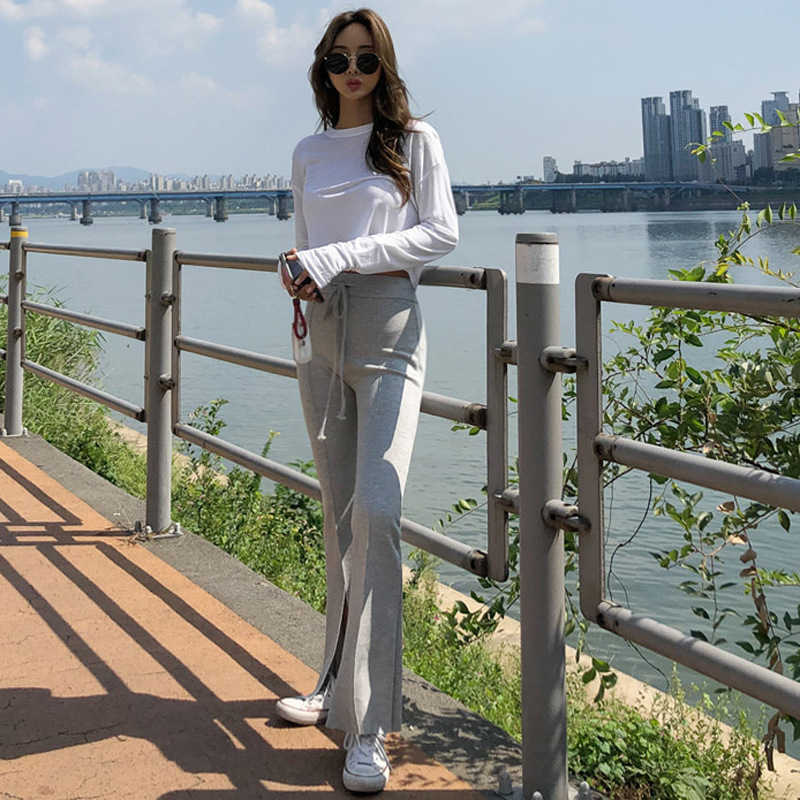 WOMENGAGA Women's Summer Slim Korean Corded Flared Pants Split Wide Leg Knitted Trousers Fashion Women D1LF 210603