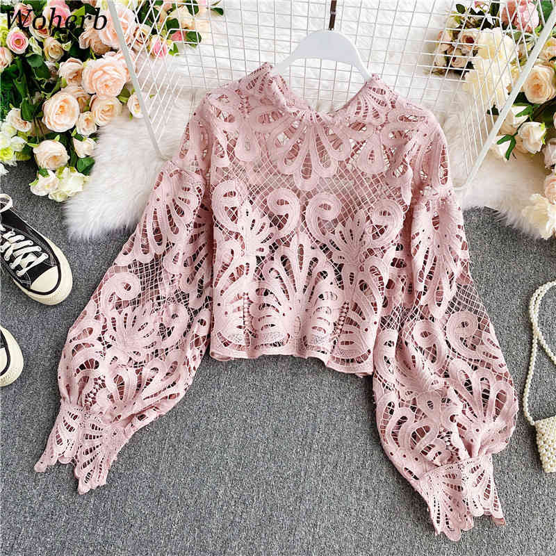 Chic Hollow Out Blouse Women Vintage Lace Crop Tops Puff Sleeve See Through Shirt Fashion Blusas Mujer De Mada 210519