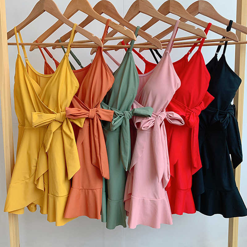 Women's Summer Bathing Suit Push Up Swimsuit Belt Solid Korea Swimwear Women with Skirt Swim Dress 210625