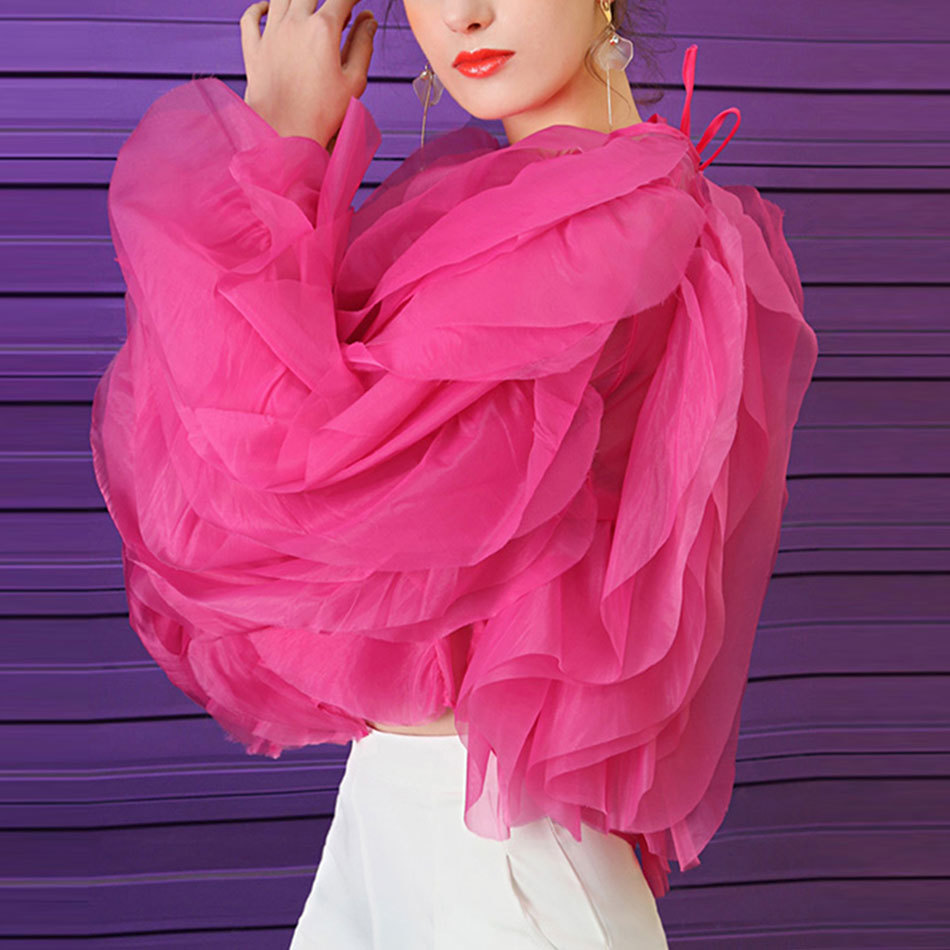 Free Autumn Women's Rose Red Mesh Top Sexy Round Neck Lantern Sleeve Loose Irregular Laminated Petal Party 210524