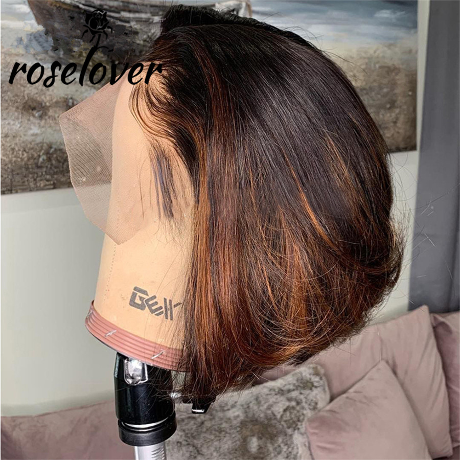 Highlight Wig Ombre Brown Colored Brazilian Human Hair Short Bob Straight Synthetic lace Frontal Wigs For Black Women