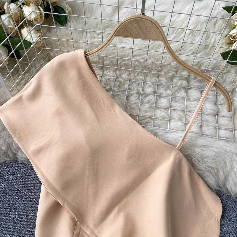 DEAT Women Off Shoulder Vintage Irregular Split Suspender Vest Sexy Solid Color Slim Fashion Spring Summer 11B353 210709