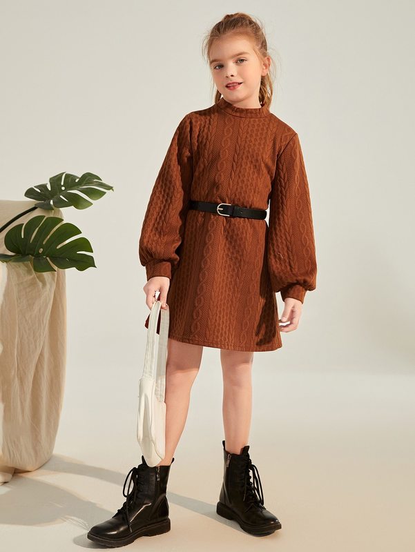 Girls Cable Knit Mock Neck Lantern Sleeve Dress Without Belt SHE
