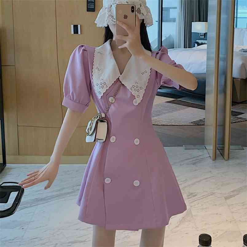 Summer Women Purple Dress Turn down collar Short Sleeves Double-breasted Mini Vestidos Office Lady Wearing 210519