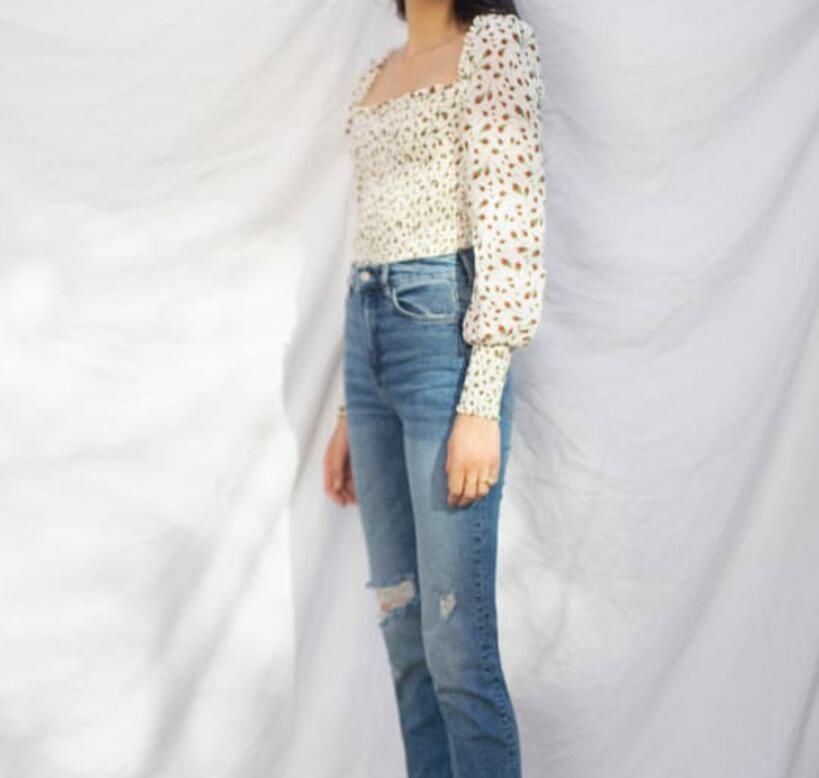 Vintage Beige Flower Rose Print Crop Shirt Women Sexy Square Neck Elastic Ruched Body Slim Fit Blouse French Elegant Tops 210429