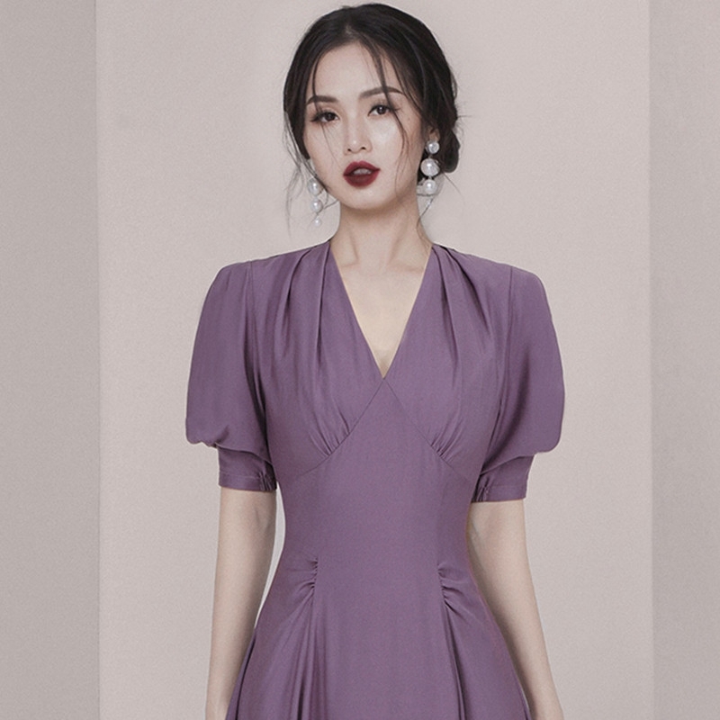 Women's Summer Office Lady Slim High Waist Dress Purple Sexy V neck Women Basic Business Puff Sleeve 210506