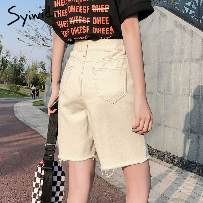 Denim Shorts Women Jean Fashion Korean Tassel Solid Casual Plus Size Black high Waist Beige Sky blue Gray Street 210714