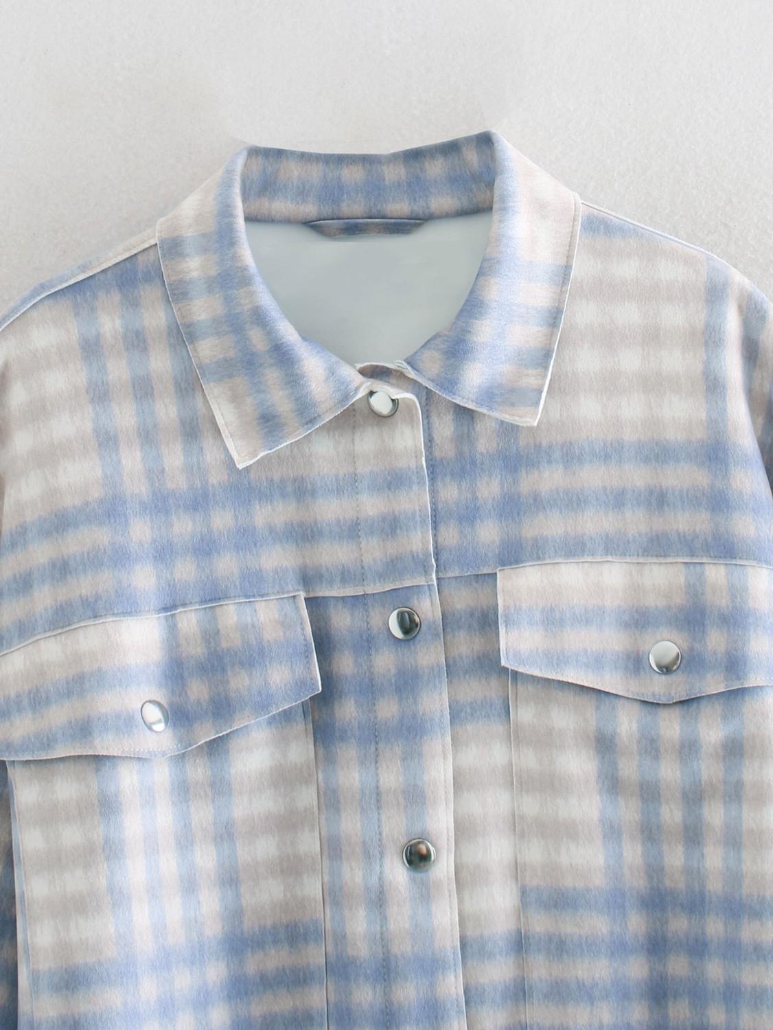 Boyfriend Style Gingham Check Plaid Shirt Lapel Long sleeve Pockets Blouse Tops Coat blusas chemise femme blusa Sky blue 210429