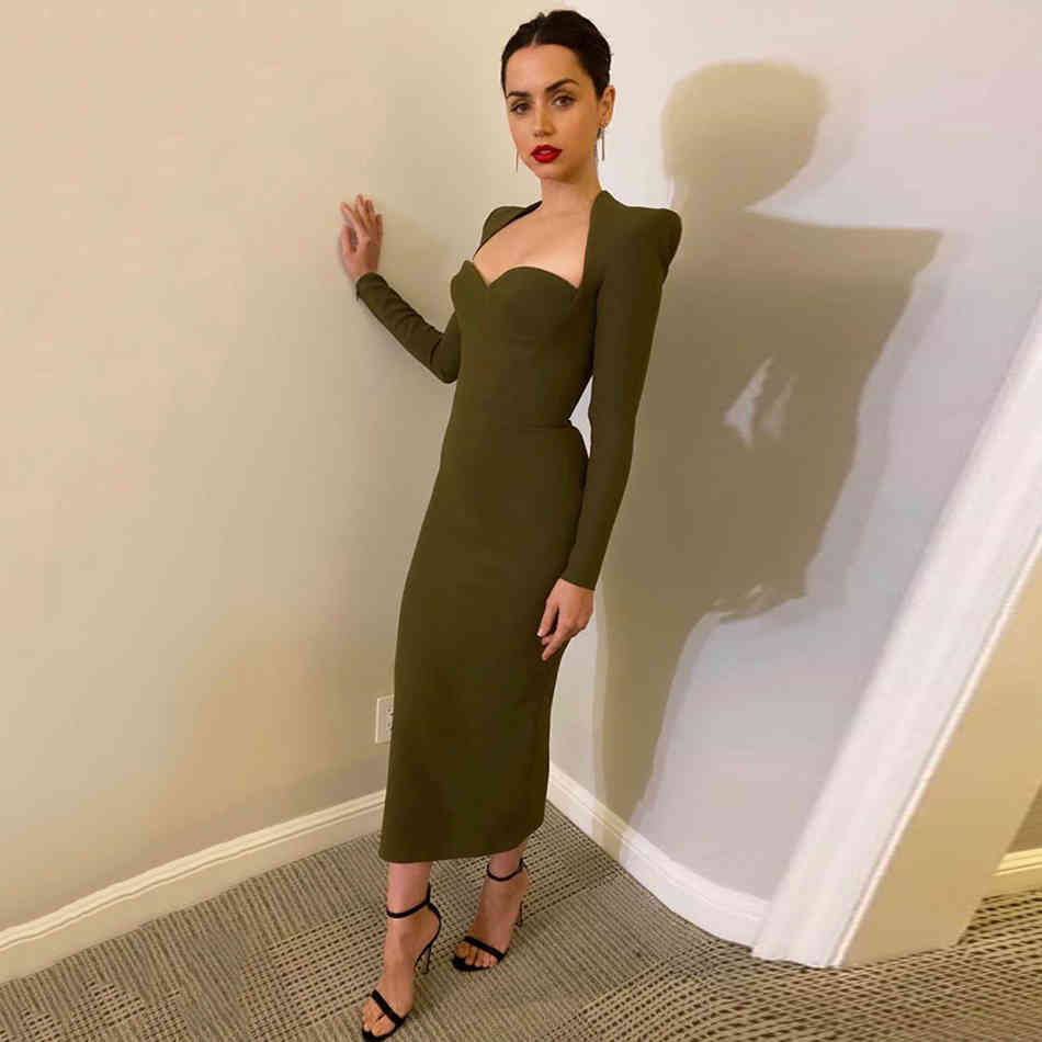 Free Autumn Women's Elegant Bandage Dress Sexy V-neck Long Sleeve Bodycon Midi Club Evening Party 210524