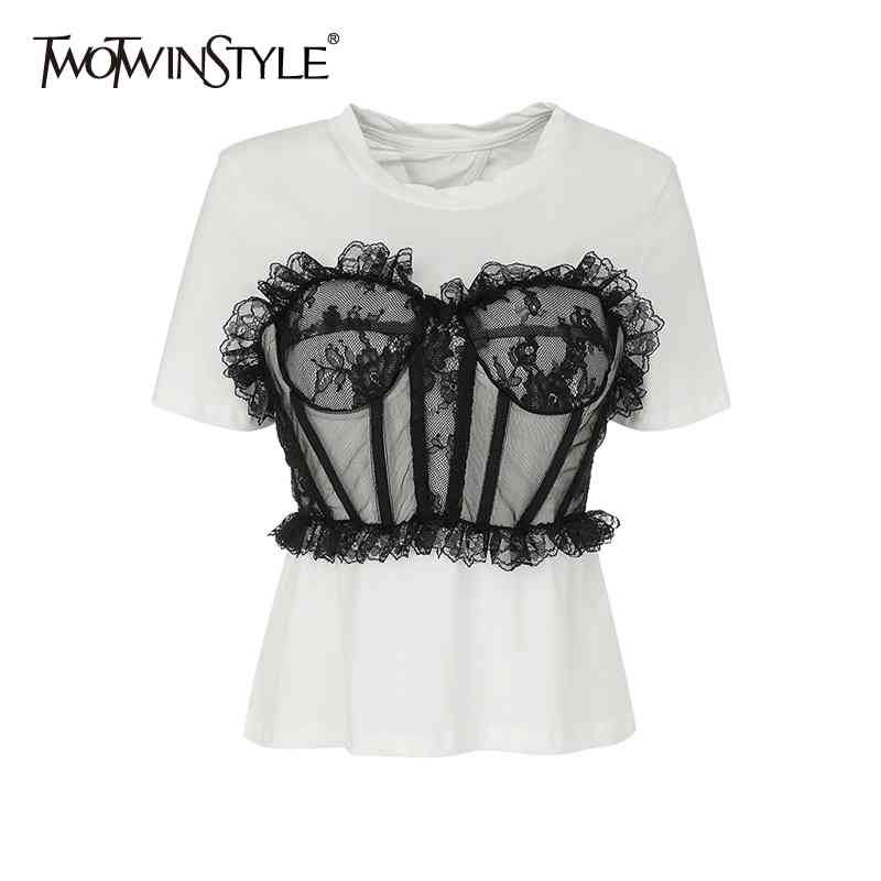 TWOWINSYLE Patchwork Lace ube op Shirt For Women O Neck Short Sleeve Casual Female Summer Fashion Clothes 210524