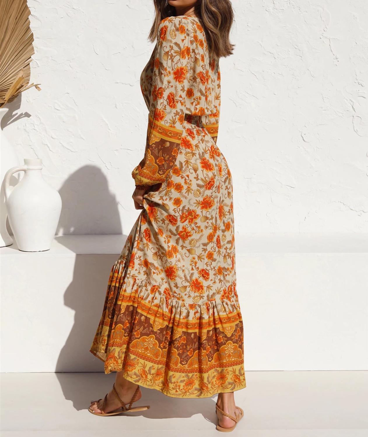 Bohemia Buttons V neck Floral Print BOHO Long Sleeve Dress Woman Bow Strappy Lacing up Elastic Waist Holiday Dresses 210429