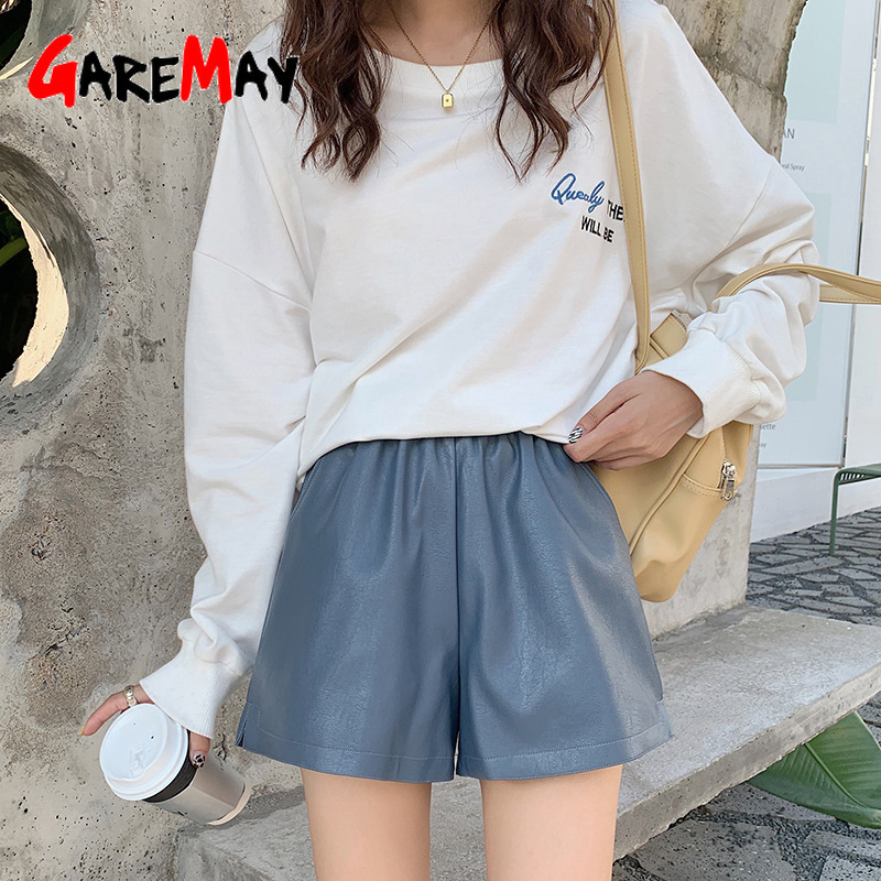 Warm Winter Faux Leather Shorts Women Black High Waist Female Autumn Korean Style For Elastic 210428