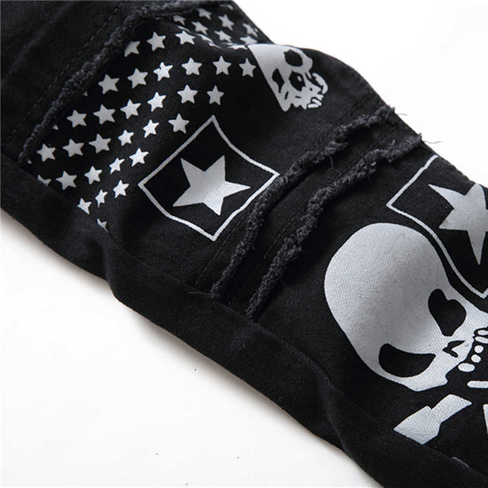 New Style Wash Ripped Jeans Men's Skull-Print Slim Stretch Black Patch Jeans Casual Fashion Personality Trousers X0621