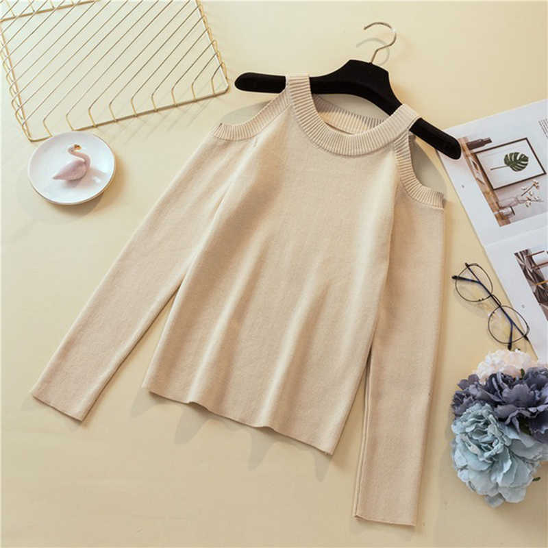 LJLS Sexy Off Shoulder Knitted Sweater Women Solid Slim Pullover White Black jumpers Autumn Winter Female Tops 210908